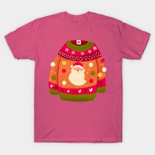 Cute Christmas sweater with Santa Claus and pom-poms. Colorful holiday illustration. T-Shirt